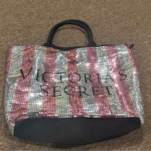 EUC Victoria’s Secret Pink Silver Sequin Stripe Weekender Tote Bag Limit Edition
